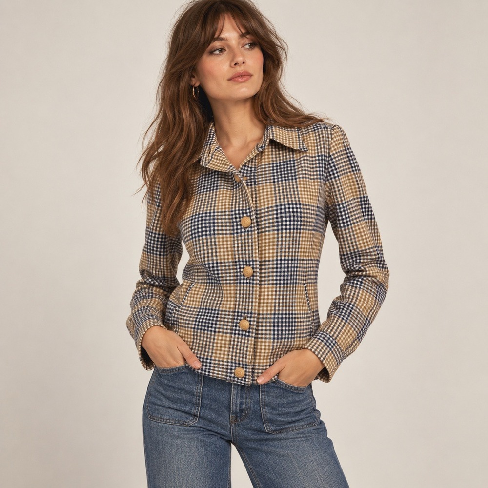 Blassport Plaid Jacket Women 10 Tan Navy Vintage 70s ILGWU Button Front Western